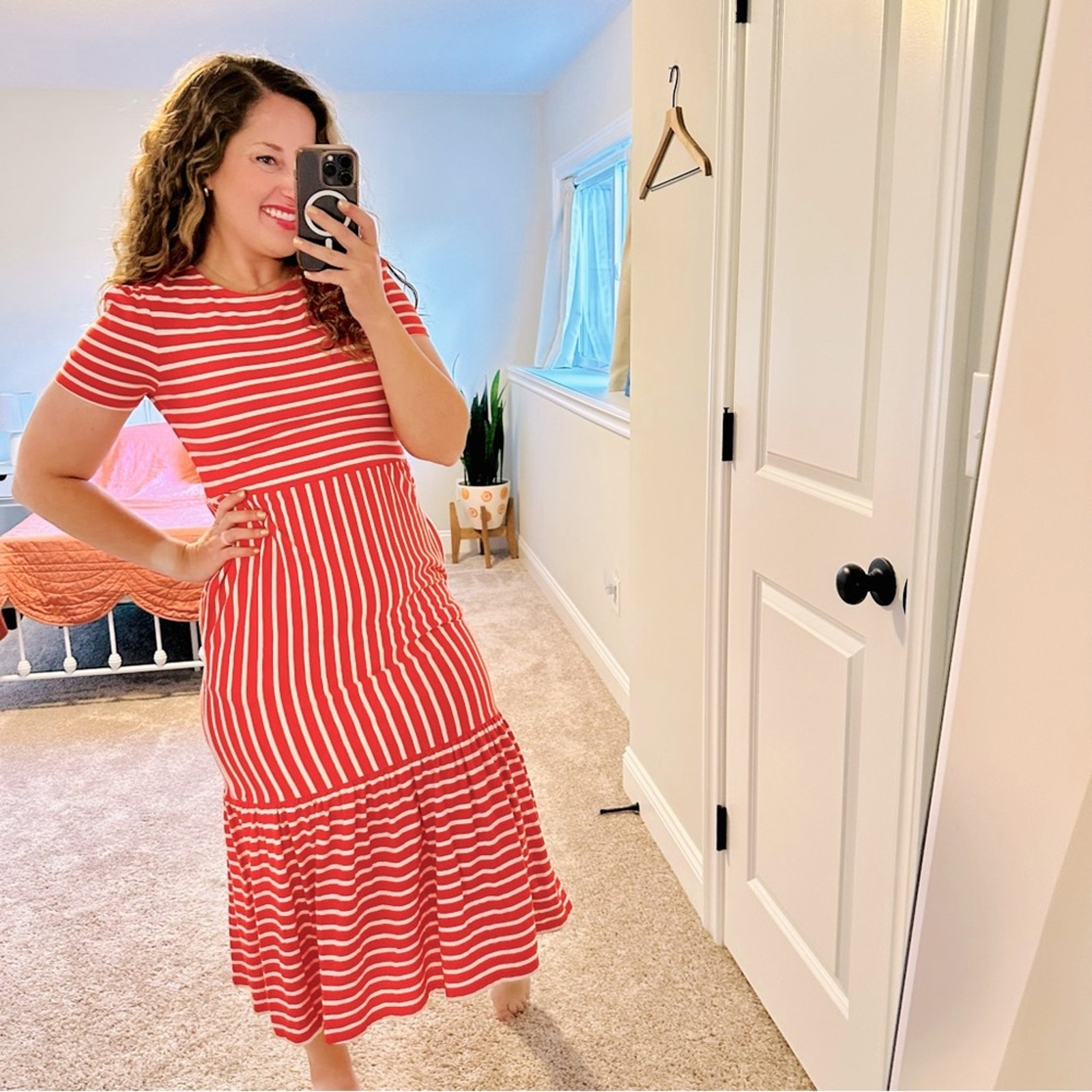 Boden Pink White Striped Short Sleeve Maxi Dress 2r